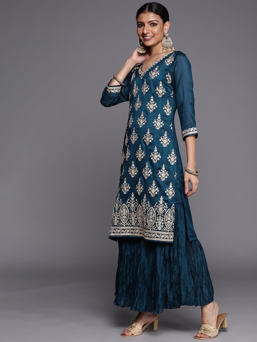 Teal Embroidered Silk Blend Straight Suit Set - ShopLibas