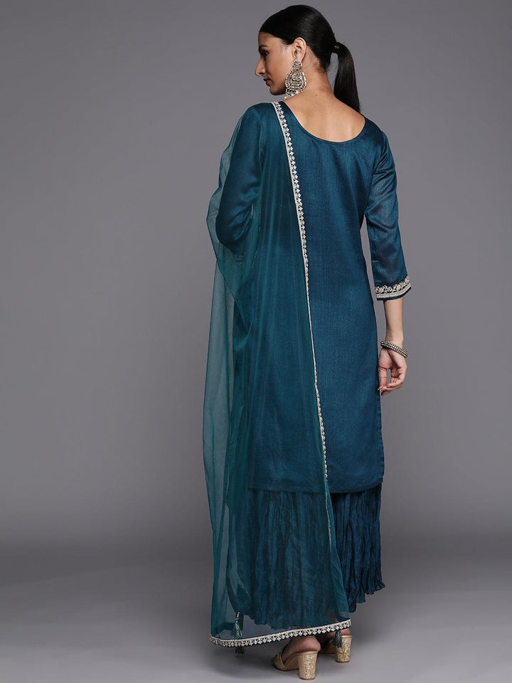 Teal Embroidered Silk Blend Straight Suit Set - ShopLibas