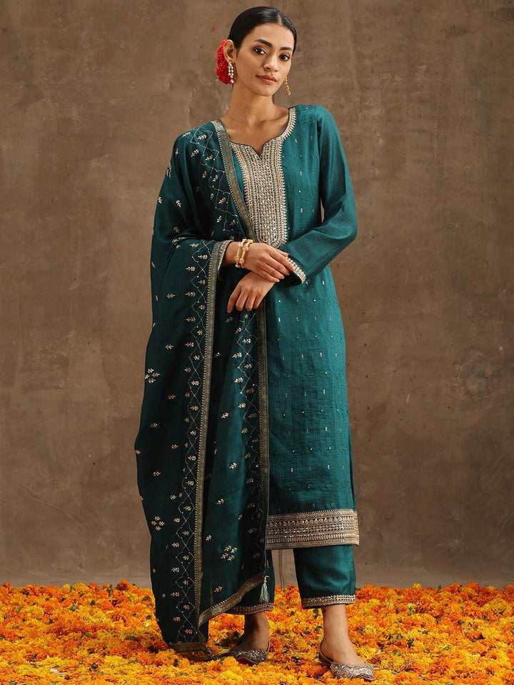 Teal Embroidered Silk Blend Suit Set With Trousers