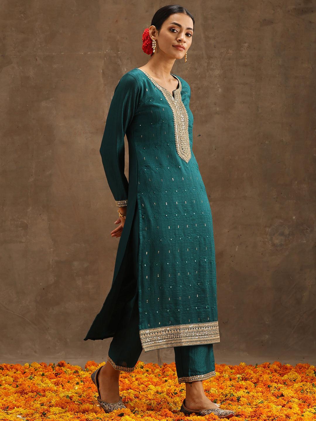 Teal Embroidered Silk Blend Suit Set With Trousers - ShopLibas 