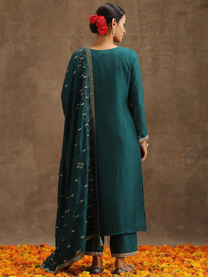 Teal Embroidered Silk Blend Suit Set With Trousers