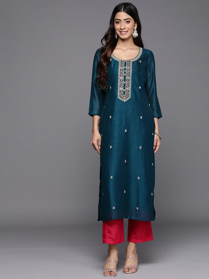 Teal Embellished Silk Straight Kurta
