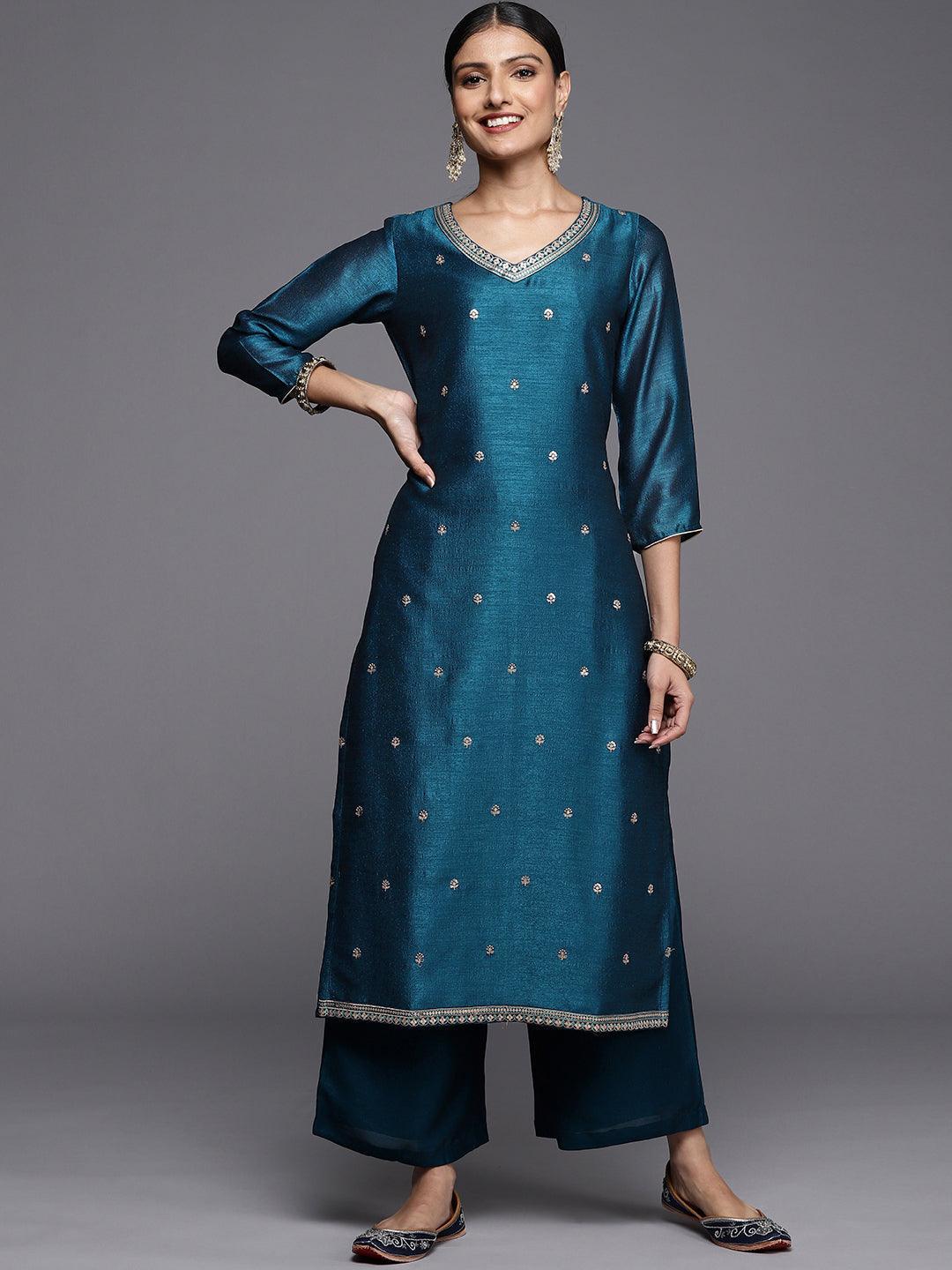 Teal Embroidered Silk Straight Kurta - ShopLibas