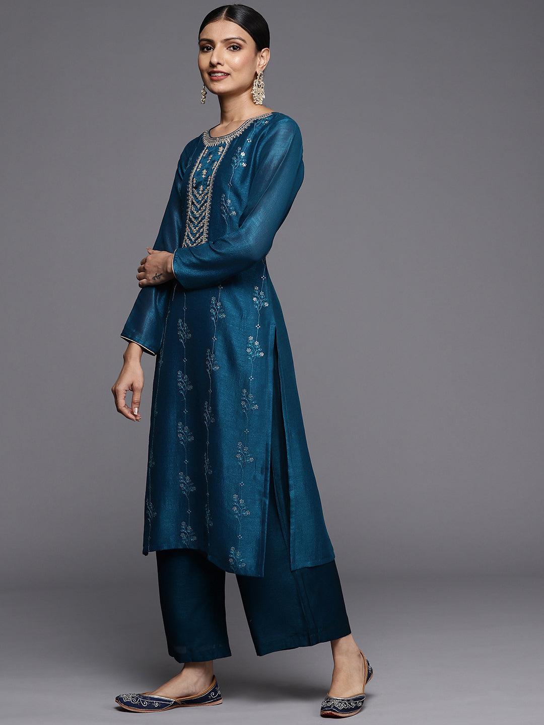 Teal Embroidered Silk Straight Kurta - ShopLibas 