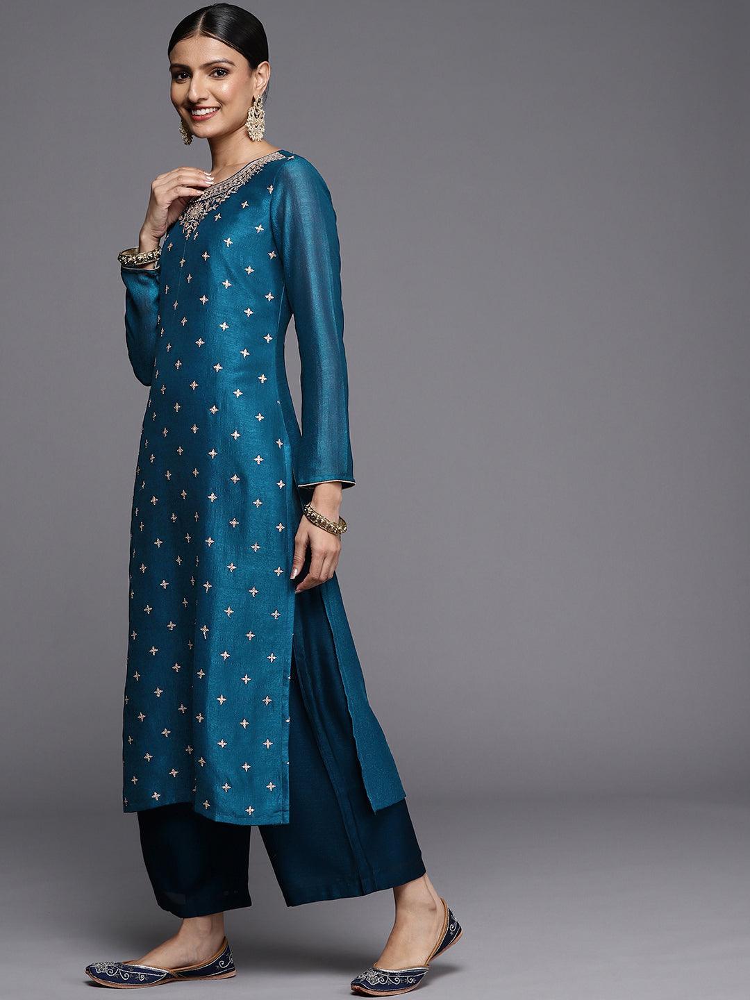 Teal Embroidered Silk Straight Kurta - ShopLibas