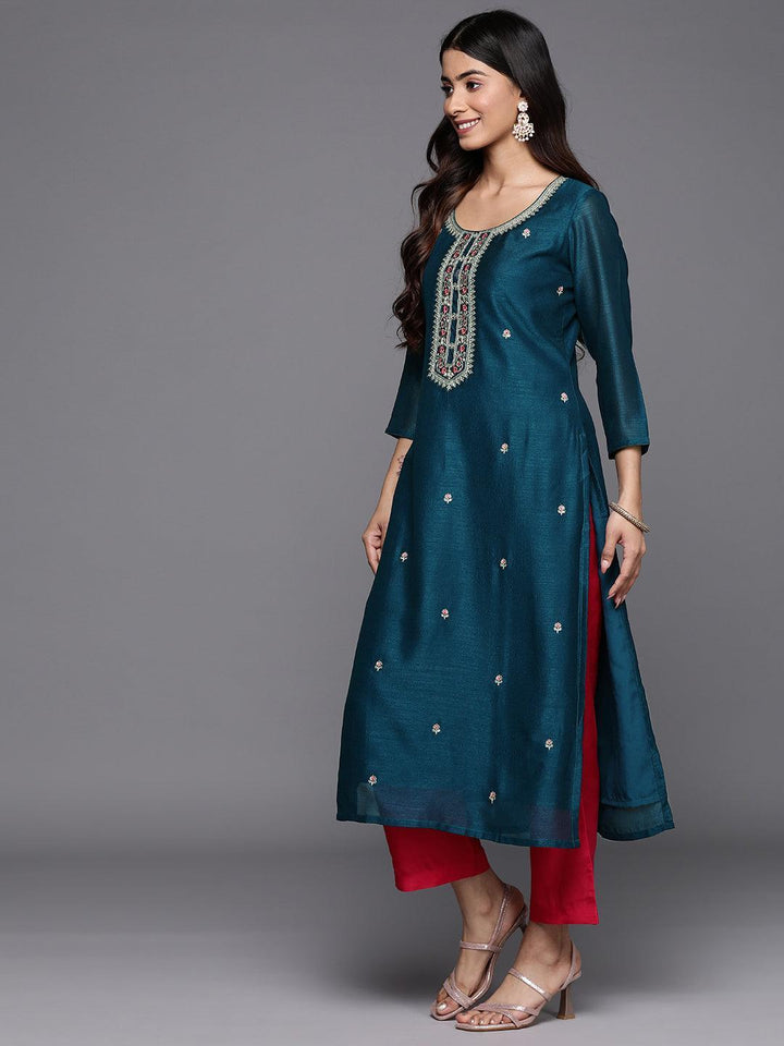 Teal Embellished Silk Straight Kurta