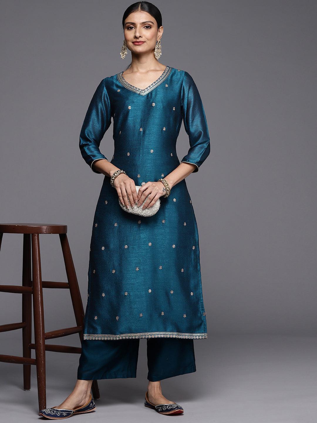 Teal Embroidered Silk Straight Kurta - ShopLibas 