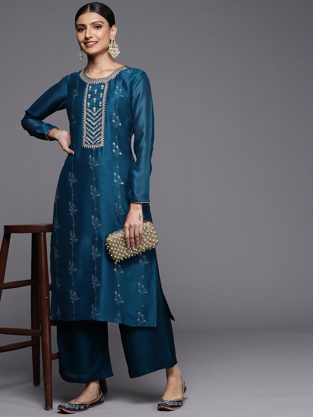 Teal Embroidered Silk Straight Kurta - ShopLibas 