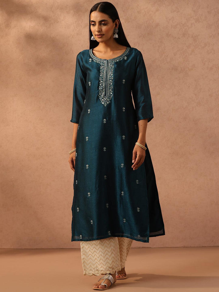 Teal Embellished Silk Straight Kurta