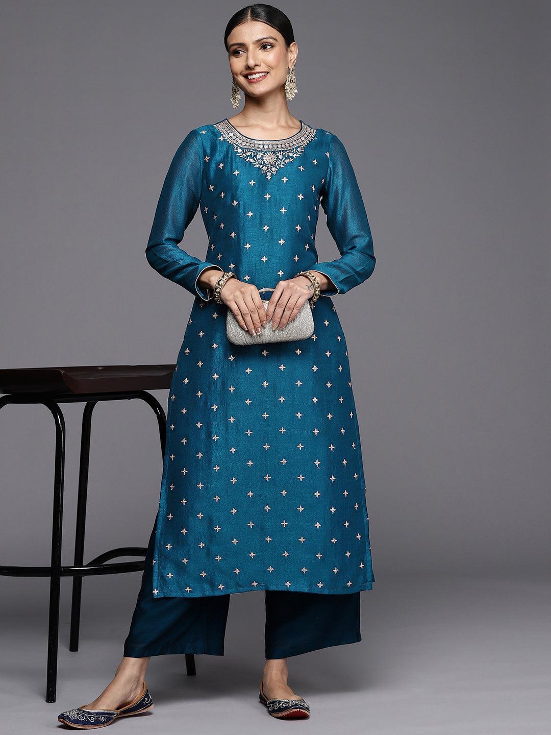 Teal Embroidered Silk Straight Kurta - ShopLibas