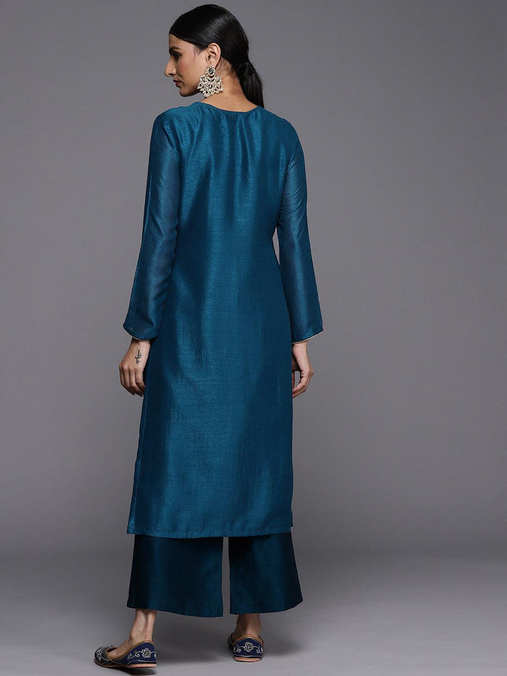 Teal Embroidered Silk Straight Kurta