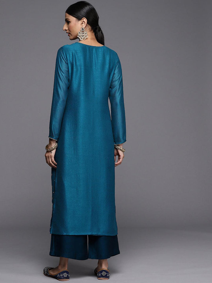 Teal Embroidered Silk Straight Kurta - ShopLibas