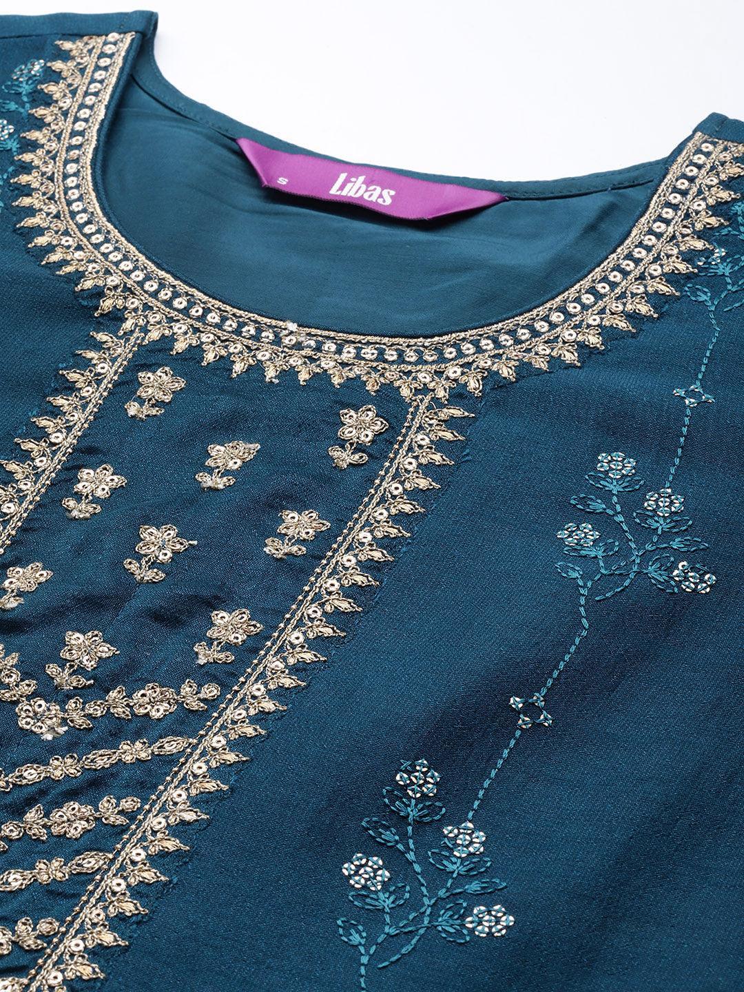 Teal Embroidered Silk Straight Kurta - ShopLibas 