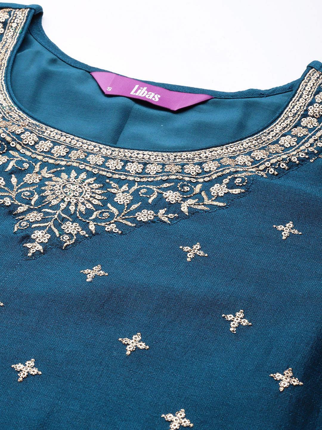 Teal Embroidered Silk Straight Kurta - ShopLibas