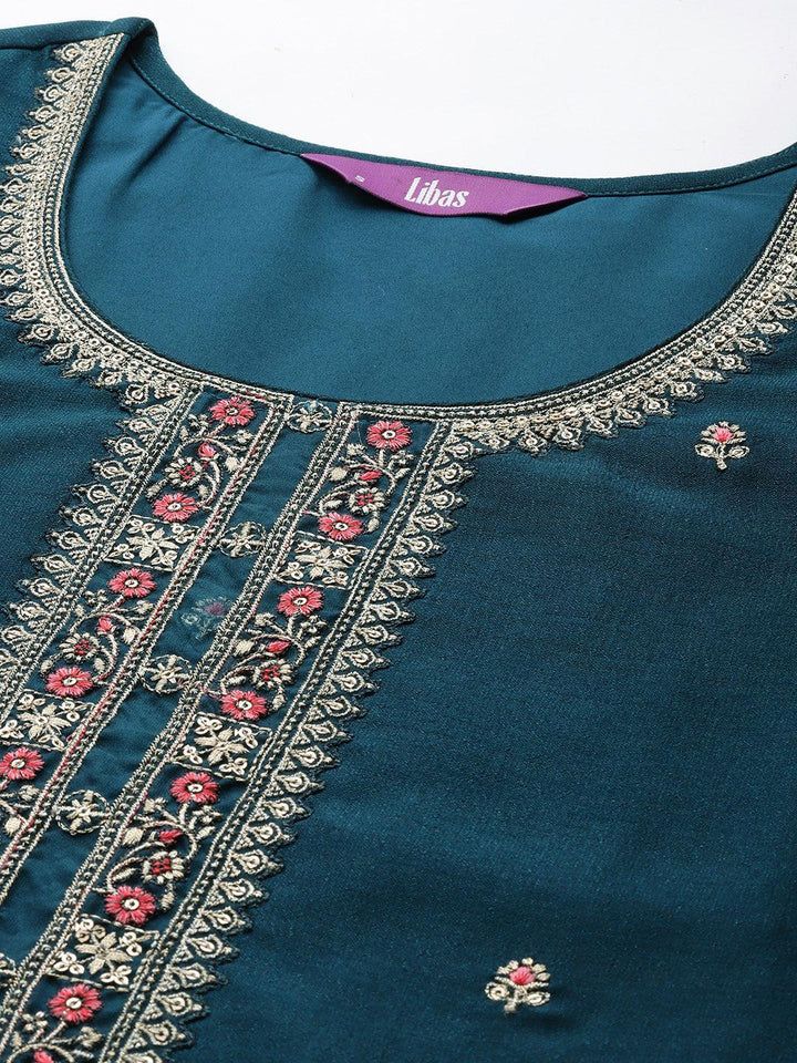 Teal Embellished Silk Straight Kurta