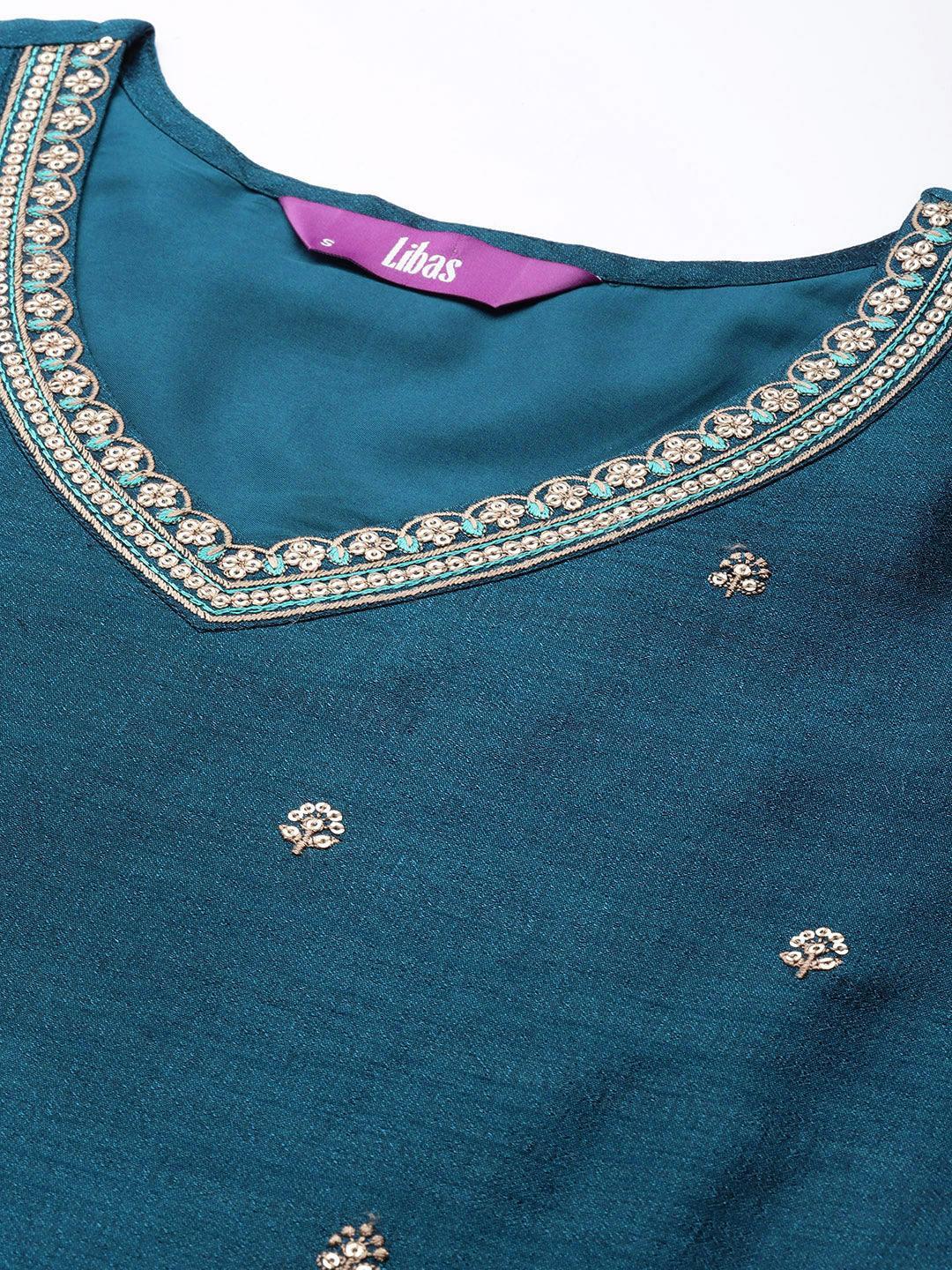 Teal Embroidered Silk Straight Kurta - ShopLibas 