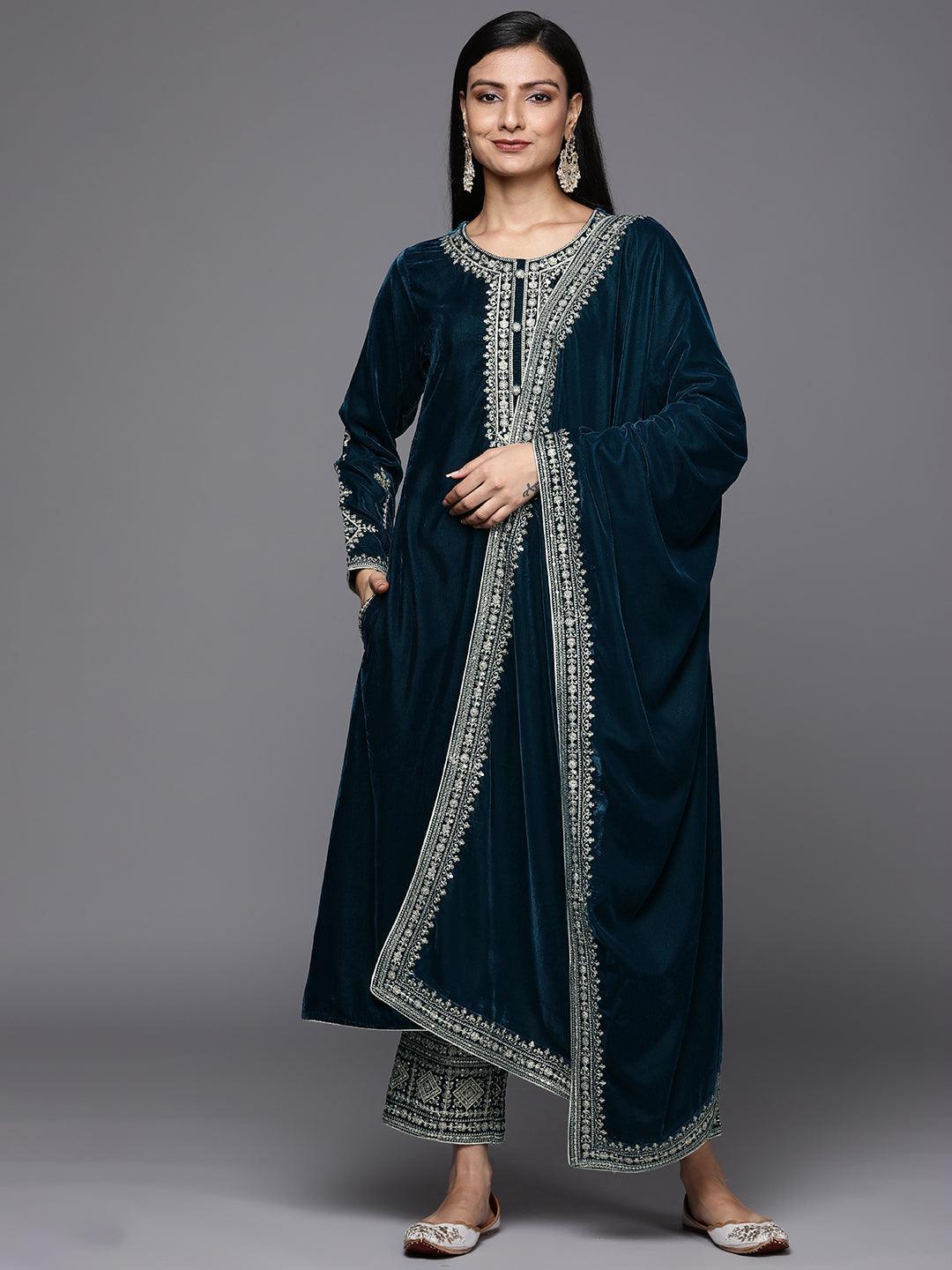 Teal Embroidered Velvet A-Line Suit Set - ShopLibas