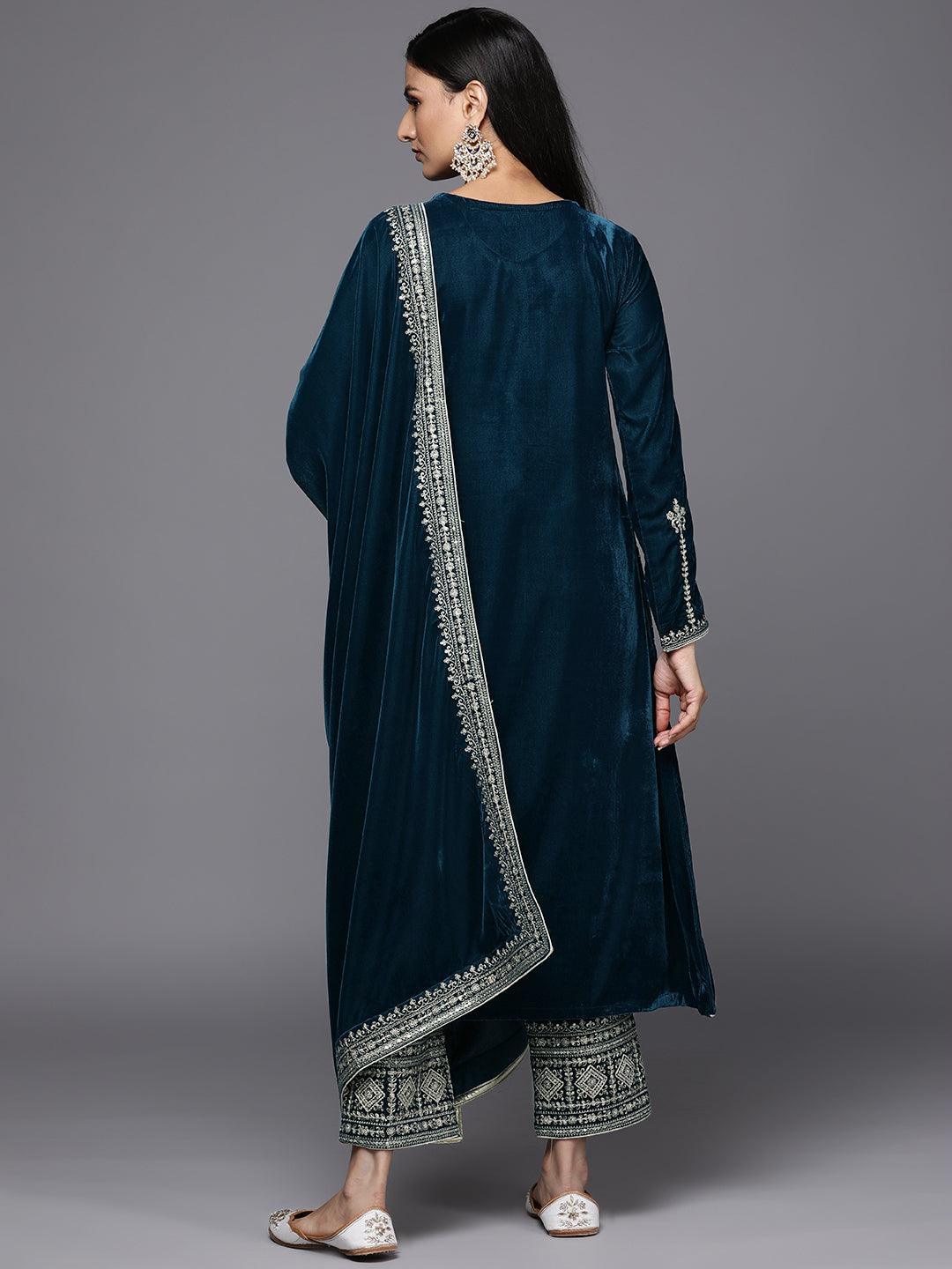 Teal Embroidered Velvet A-Line Suit Set - ShopLibas 