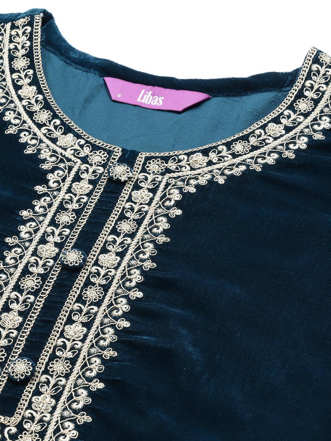 Teal Embroidered Velvet A-Line Suit Set - ShopLibas 