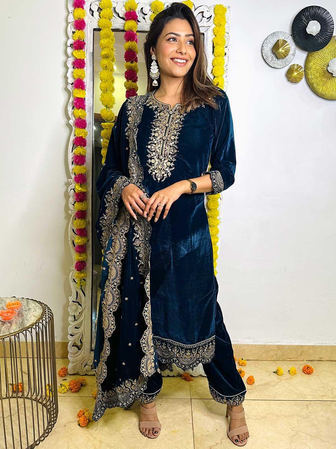 Teal Embroidered Velvet Straight Suit Set - ShopLibas