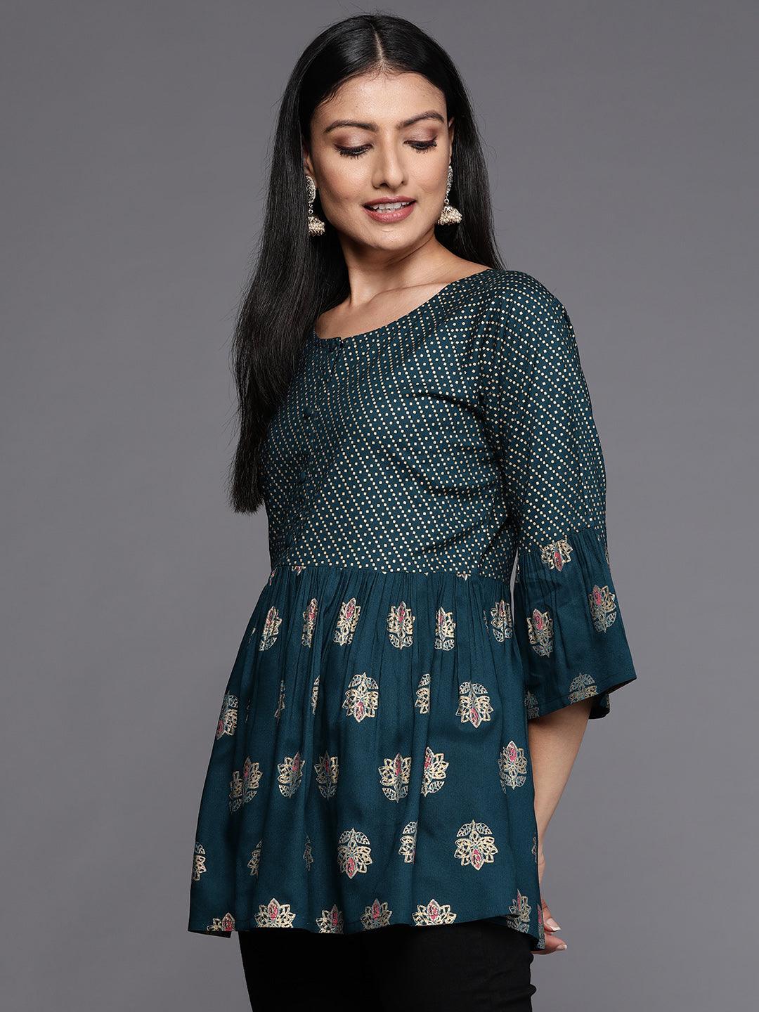 Teal Printed Rayon A-Line Kurti - Libas