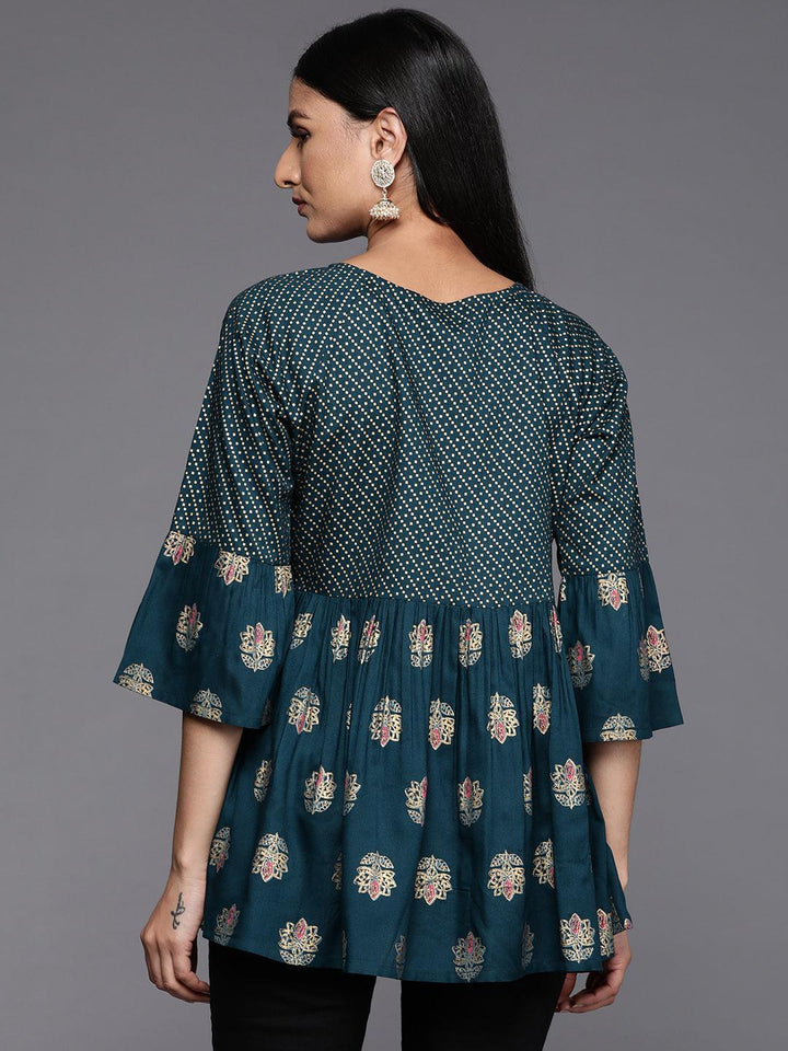 Teal Printed Rayon A-Line Kurti - Libas