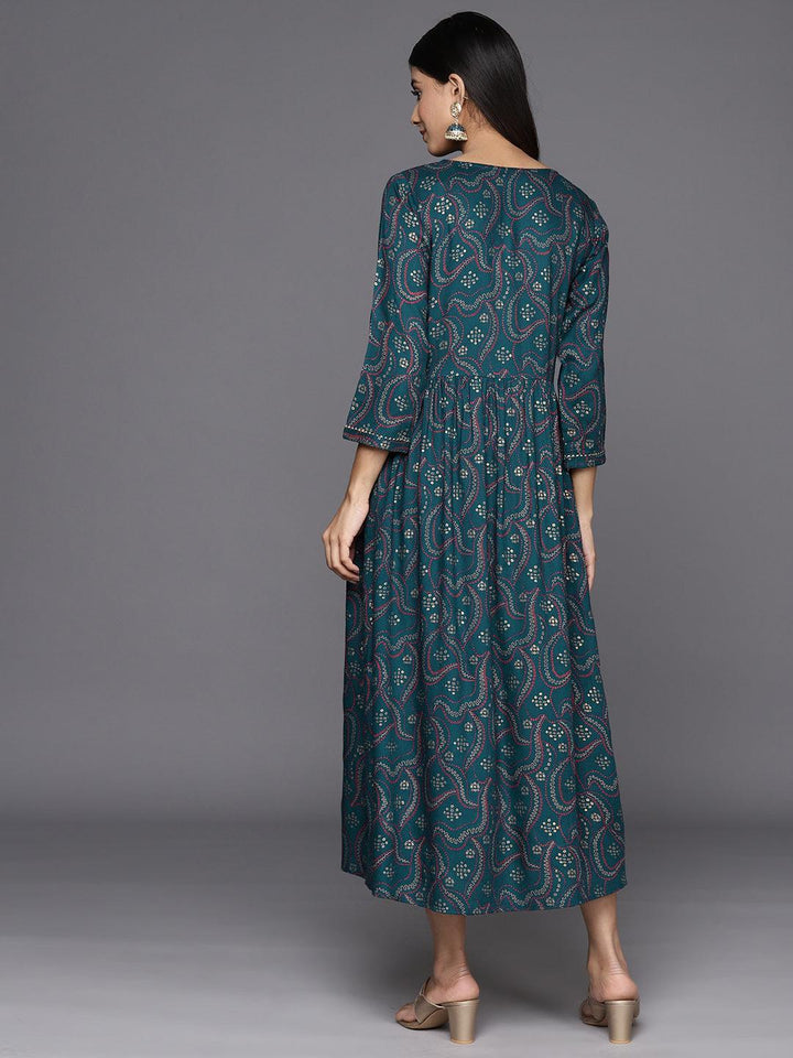 Teal Embellished Rayon Fit and Flare Dress - Libas