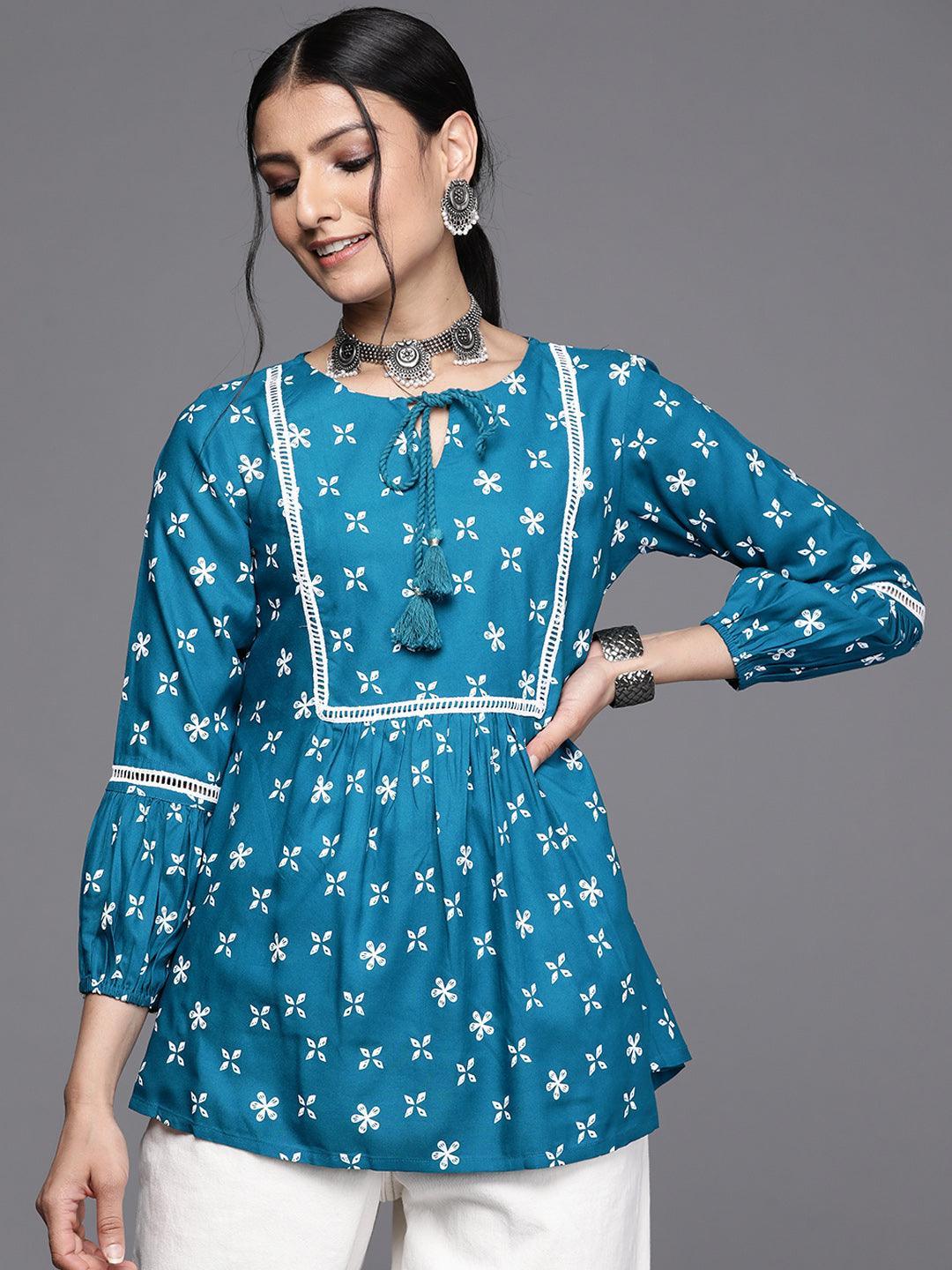 Teal Printed Rayon Kurti - ShopLibas