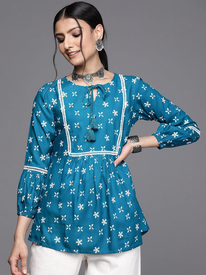 Teal Printed Rayon Kurti - ShopLibas
