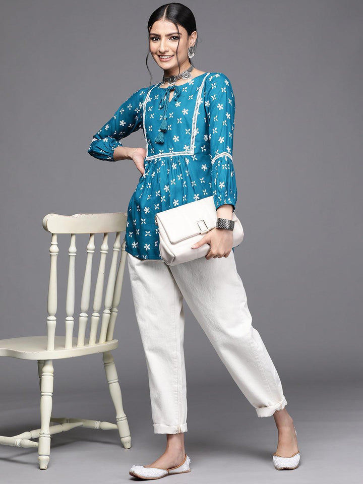 Teal Printed Rayon Kurti - ShopLibas