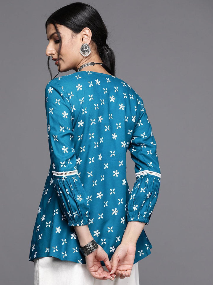 Teal Printed Rayon Kurti - ShopLibas