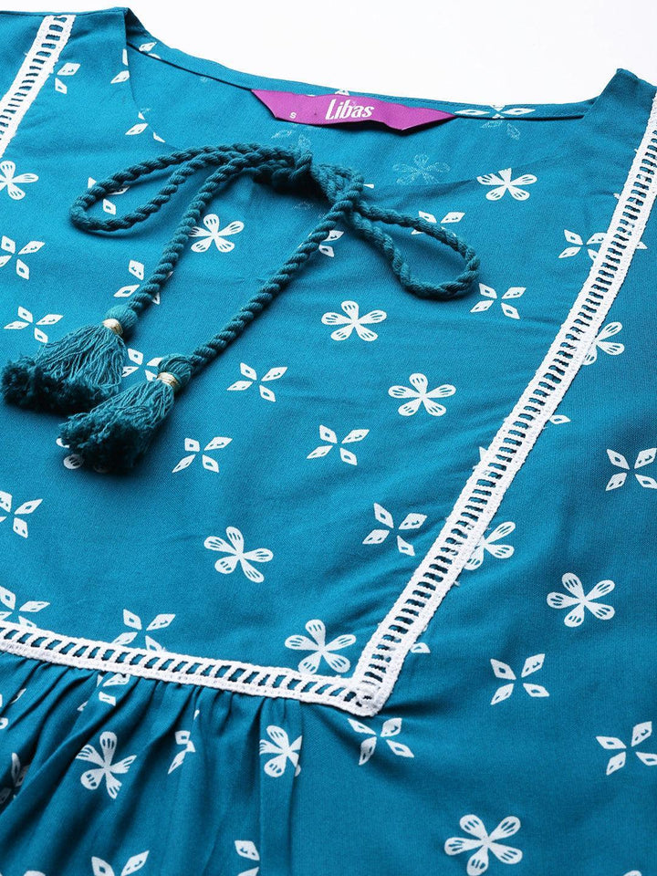 Teal Printed Rayon Kurti - ShopLibas