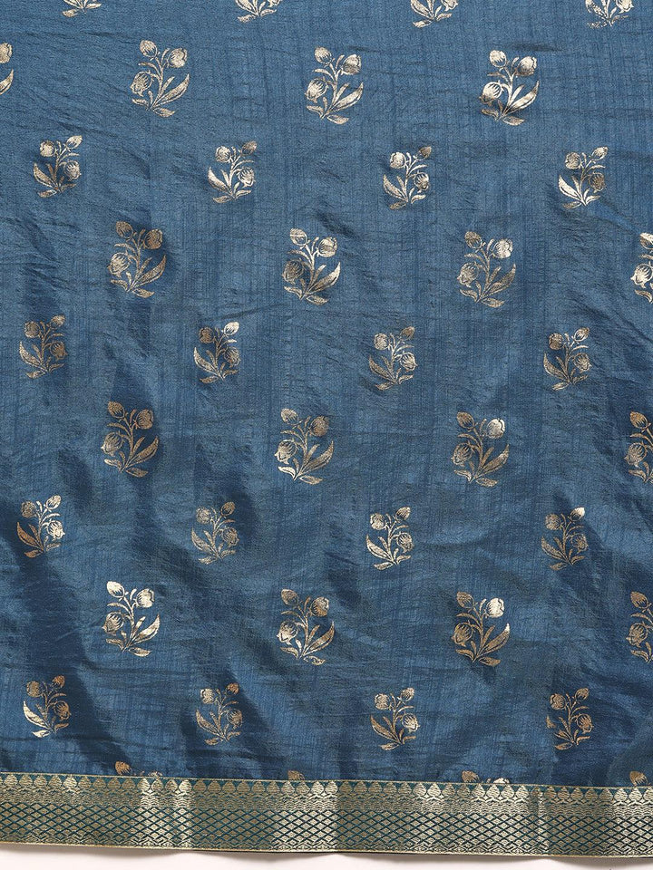 Teal Printed Silk Blend Saree - Libas