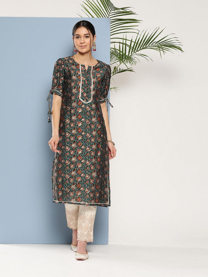 Teal Printed Silk Straight Kurta