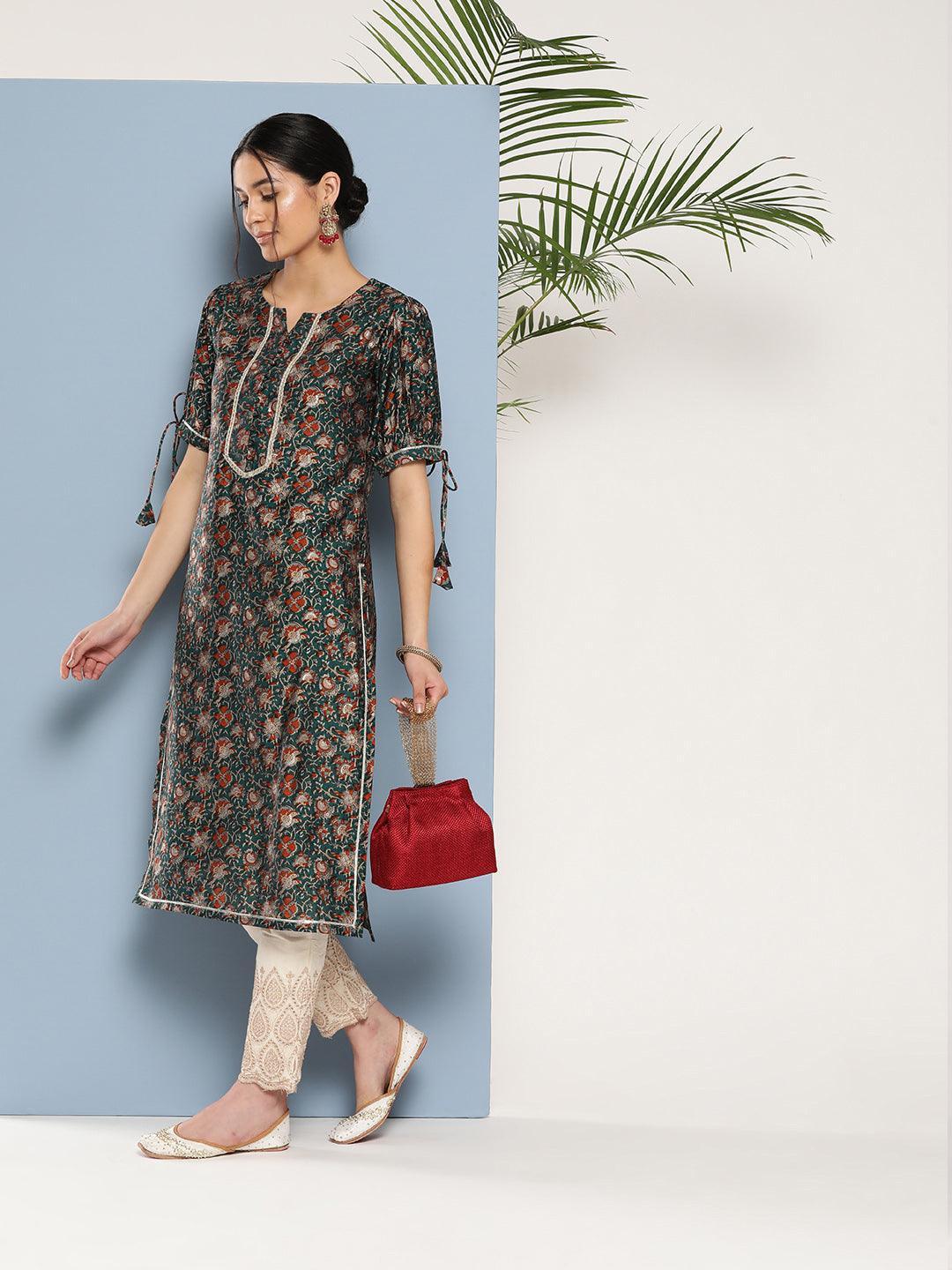 Teal Printed Silk Straight Kurta - Libas 