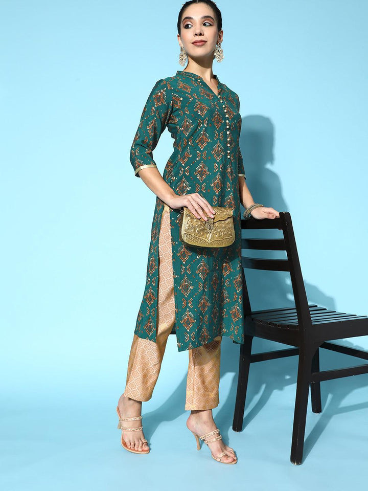 Teal Printed Silk Straight Kurta - ShopLibas