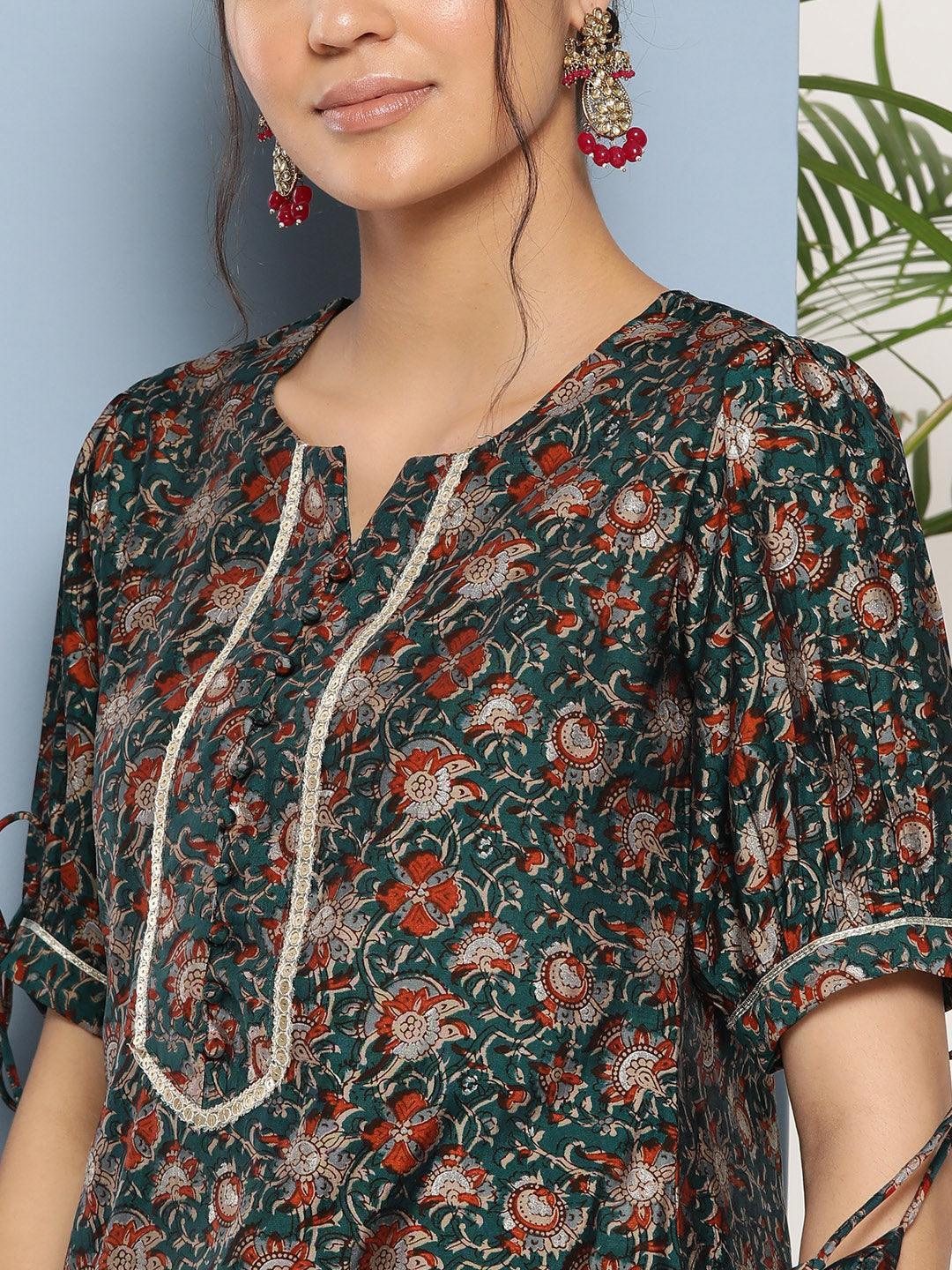 Teal Printed Silk Straight Kurta - Libas 
