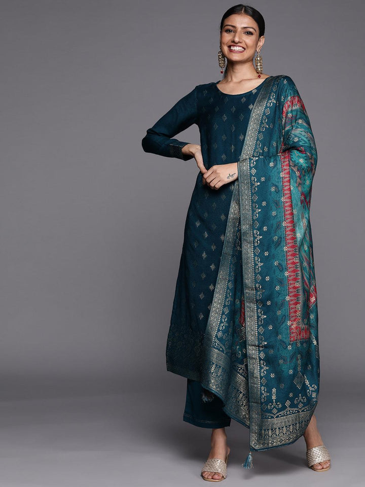 Teal Self Design Pashmina Wool Straight Suit Set - ShopLibas