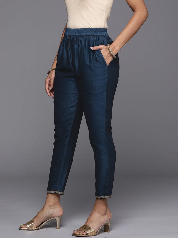 Teal Solid Silk Blend Trousers - Libas