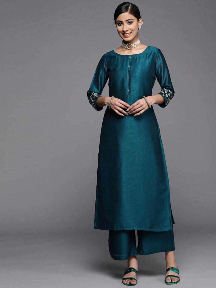 Teal Solid Silk Kurta