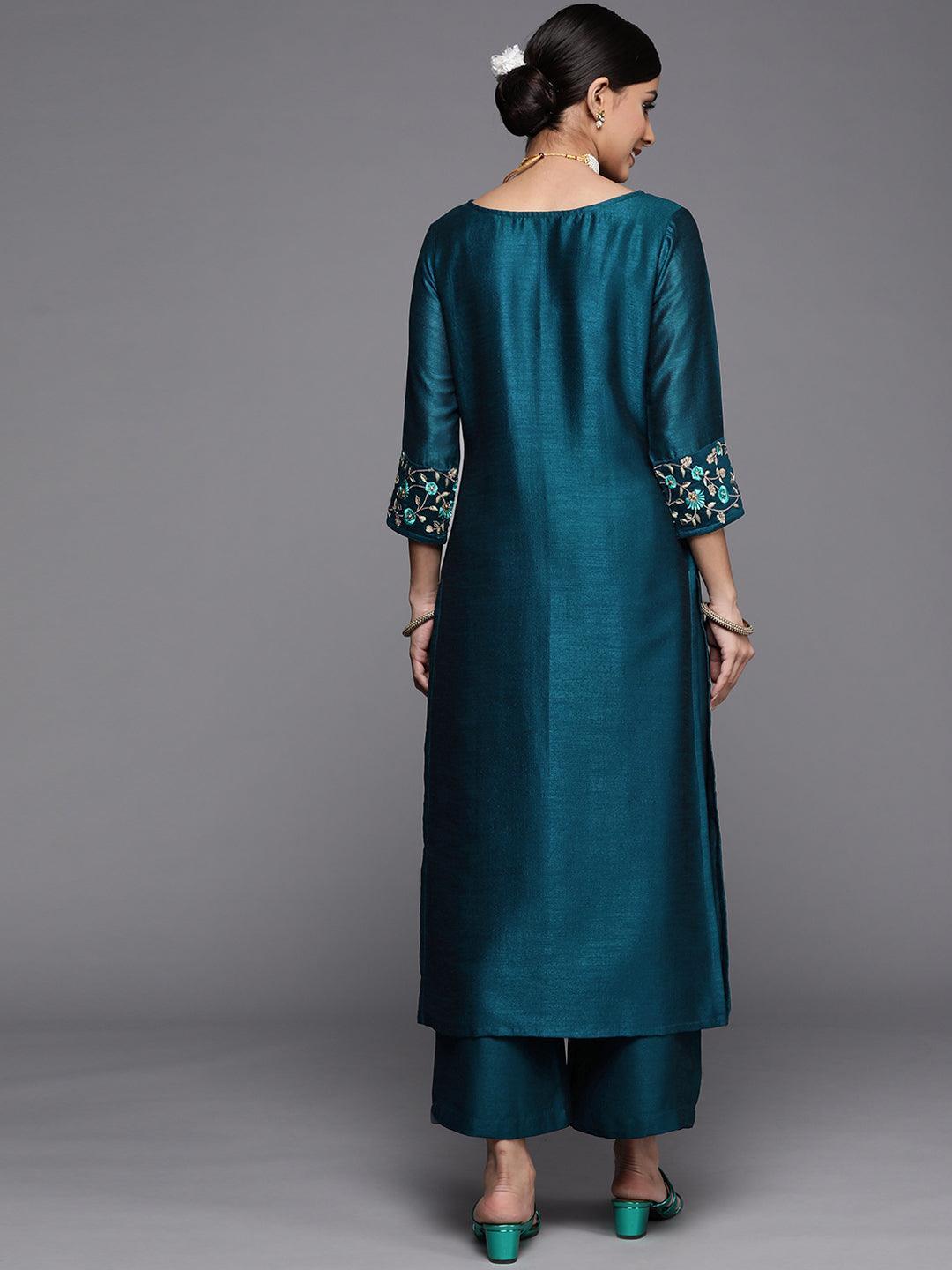 Teal Solid Silk Kurta - ShopLibas 
