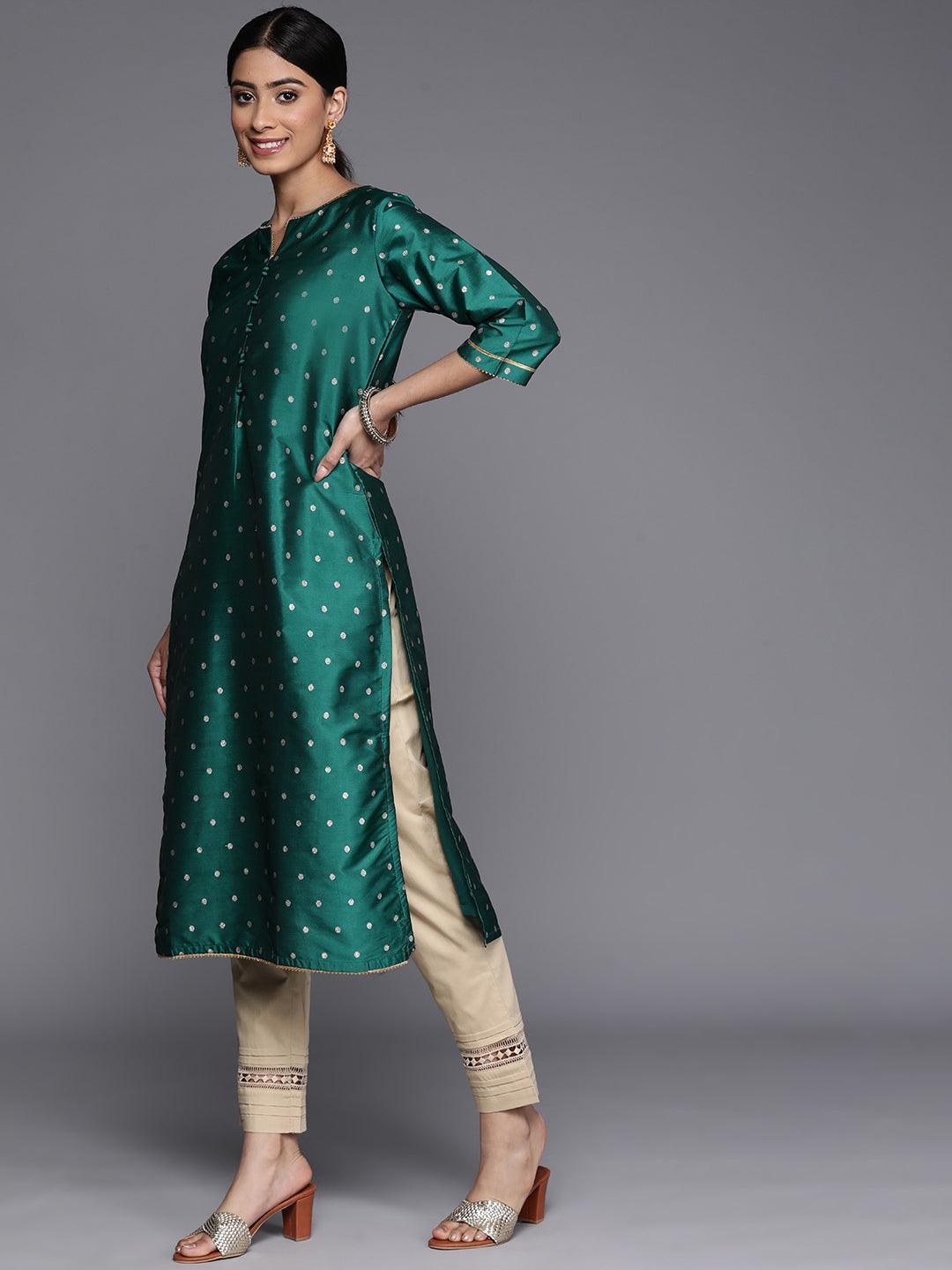 Teal Woven Design Art Silk Straight Kurta - ShopLibas 