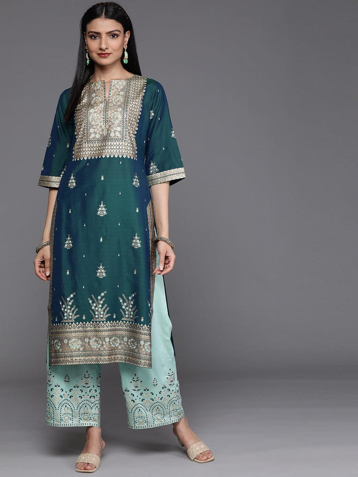 Teal Yoke Design Chanderi Silk Kurta - ShopLibas