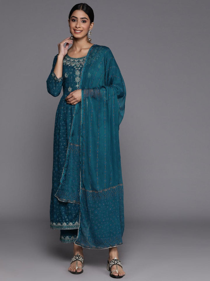 Teal Yoke Design Rayon Suit Set With Trousers