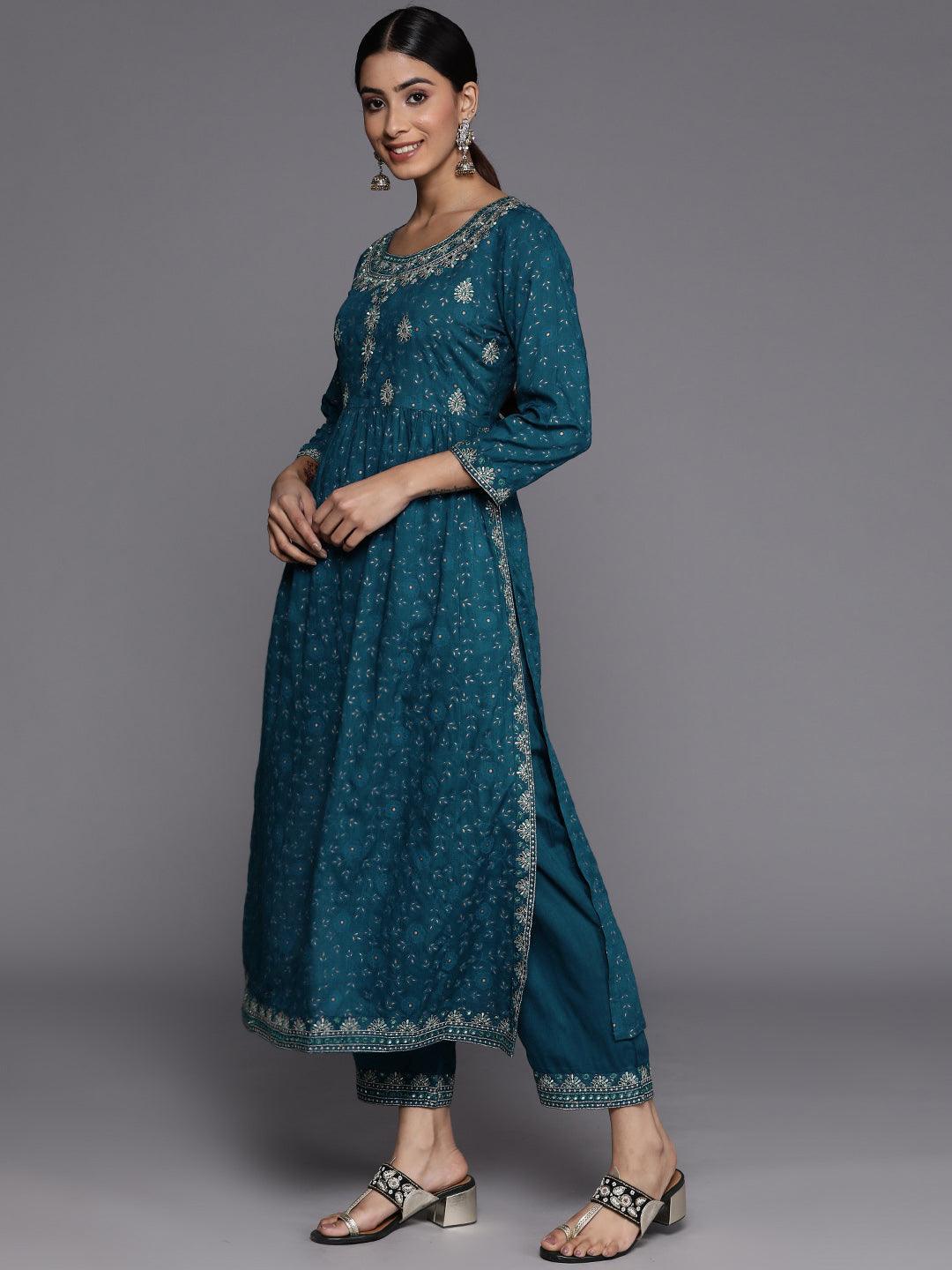 Teal Yoke Design Rayon Suit Set With Trousers - ShopLibas 