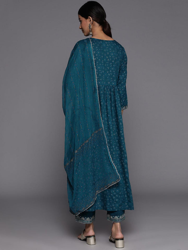 Teal Yoke Design Rayon Suit Set With Trousers