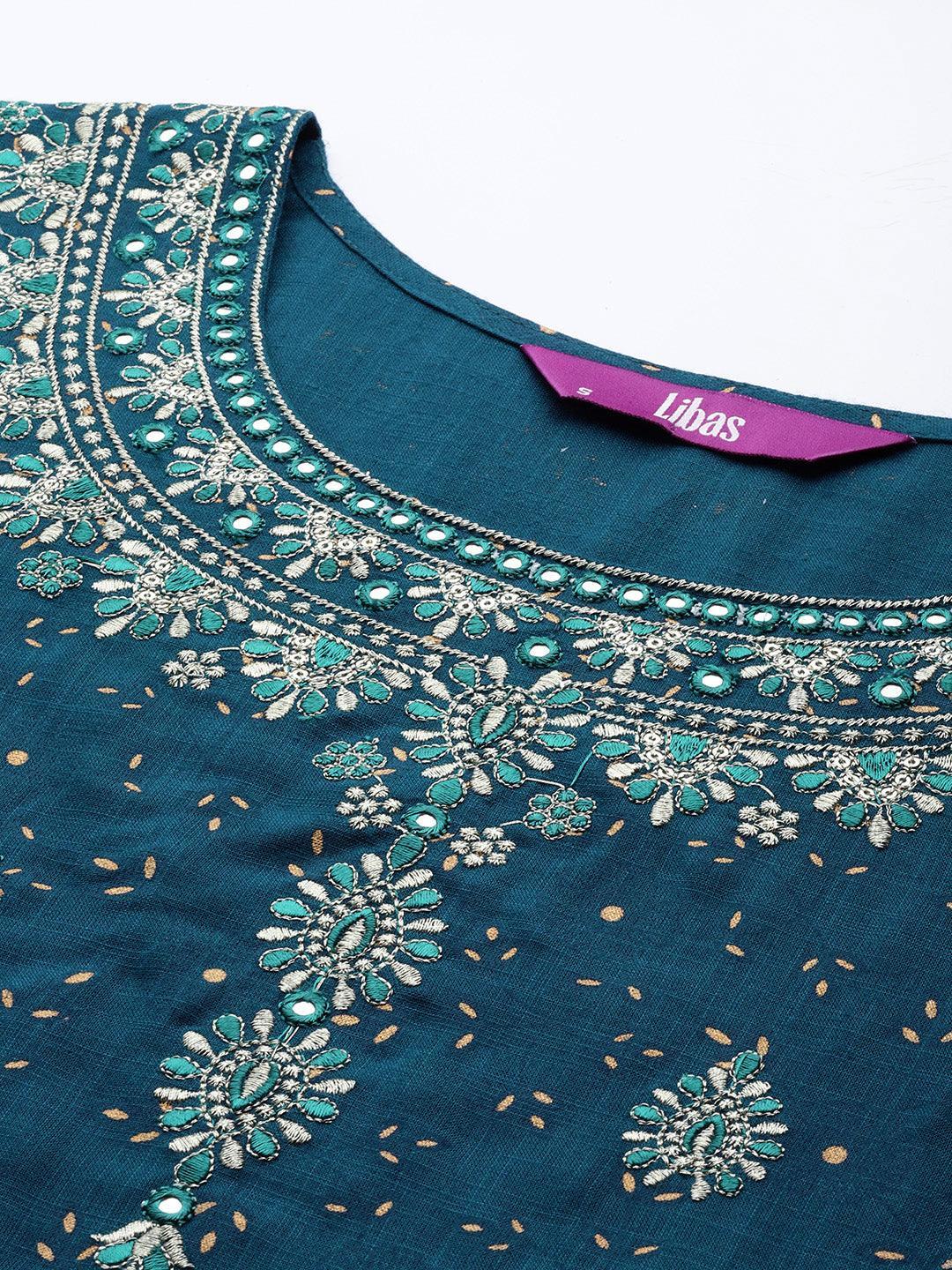 Teal Yoke Design Rayon Suit Set With Trousers - ShopLibas 