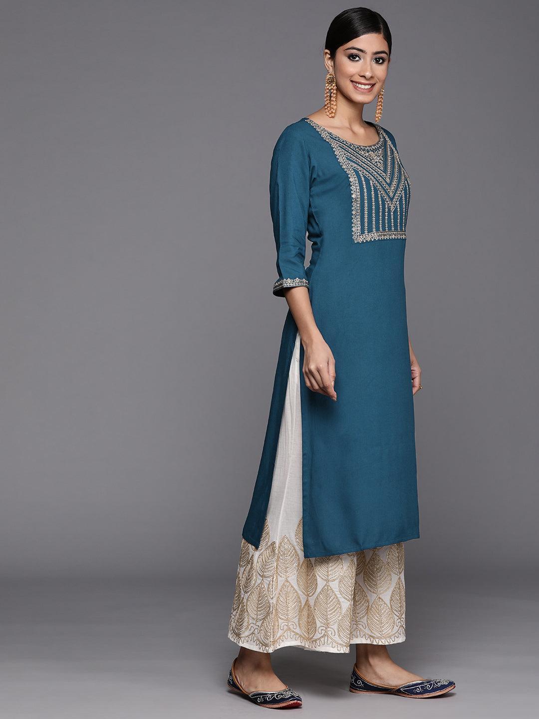 Teal Yoke Design Rayon Straight Kurta - ShopLibas