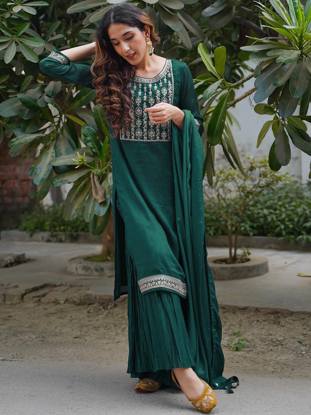 Teal Yoke Design Silk Blend Straight Suit Set - ShopLibas