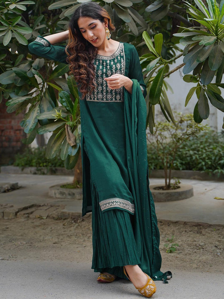 Teal Yoke Design Silk Blend Straight Suit Set - ShopLibas